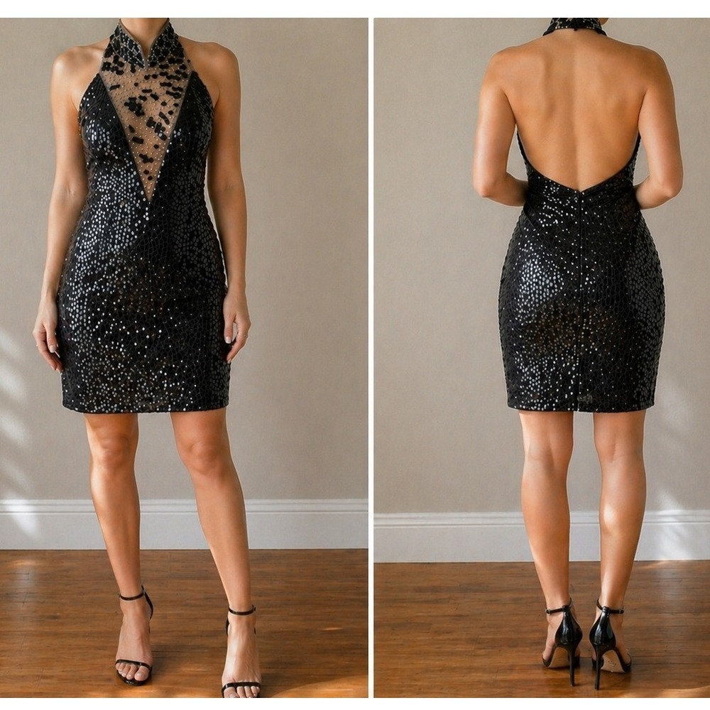 VTG Niteline Y2K Beaded Sequin Halter Mini Dress 8P Open Back Glam Vamp Prom